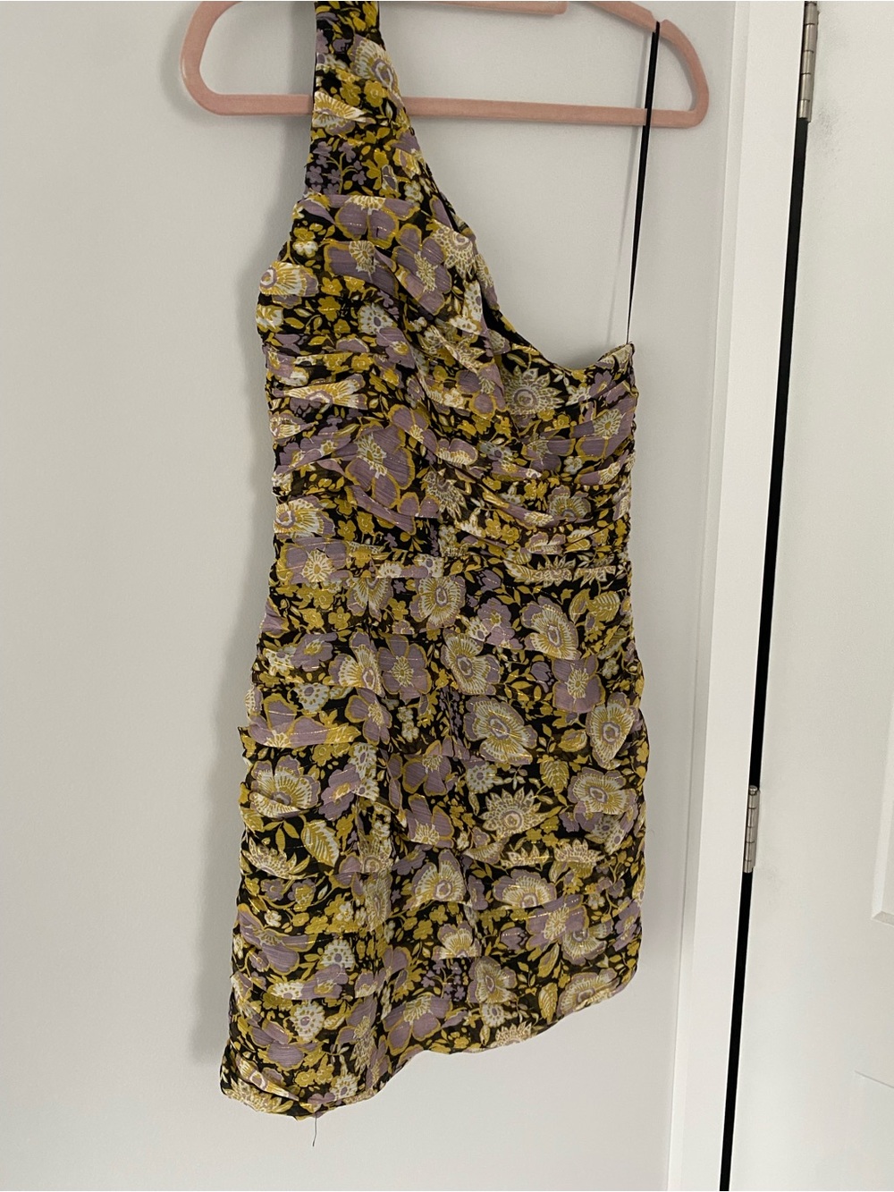 Zara One-Shoulder Floral Mini Dress in Yellow and Lavender